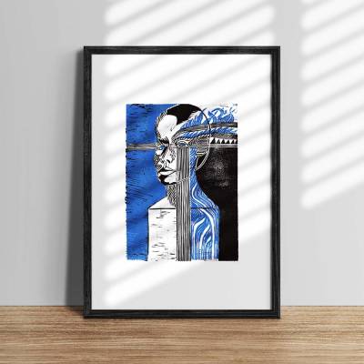 Abstraktes Portrait Linoldruck 2 Farben blau schwarz