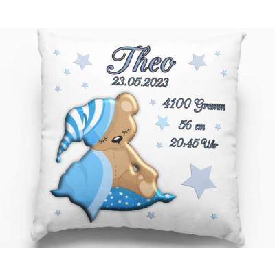 Babygeschenk Geschenk zur Geburt Kissen mit Namen personalisiert Taufgeschenk Mädchen & Junge Taufe Teddybär Blau