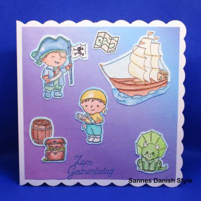 Kindergeburtstagskarte Piraten – 3D Karte mit Drachen, Schatztruhe & Piratenschiff, handgemacht, 15 x 15 cm