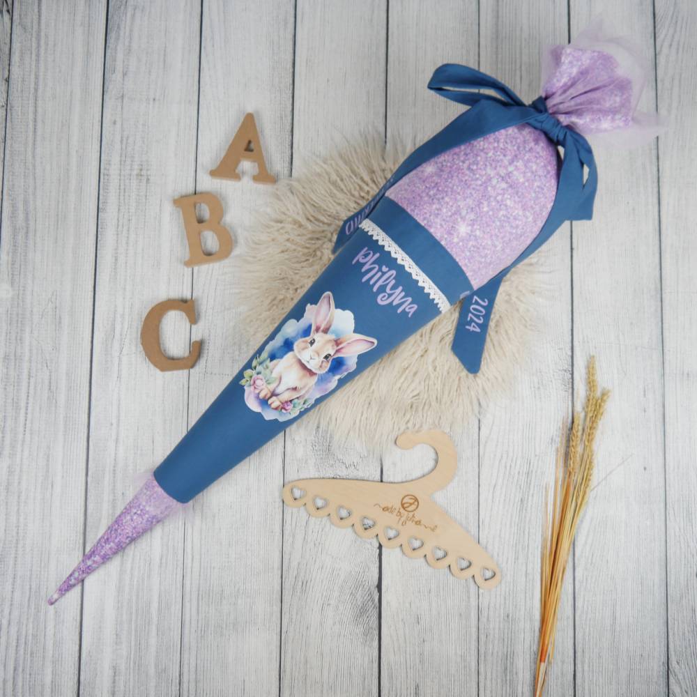 Schultüte Stoff Hase Rauchblau Flieder mit Tüll 70cm 85cm   *personalisierbar und mit Kisseninlet Bild 1