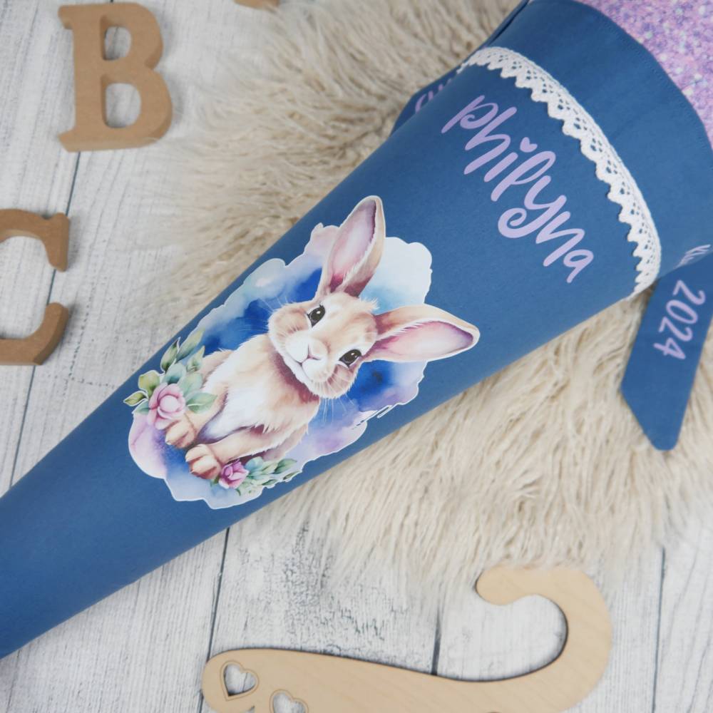 Schultüte Stoff Hase Rauchblau Flieder mit Tüll 70cm 85cm   *personalisierbar und mit Kisseninlet Bild 2