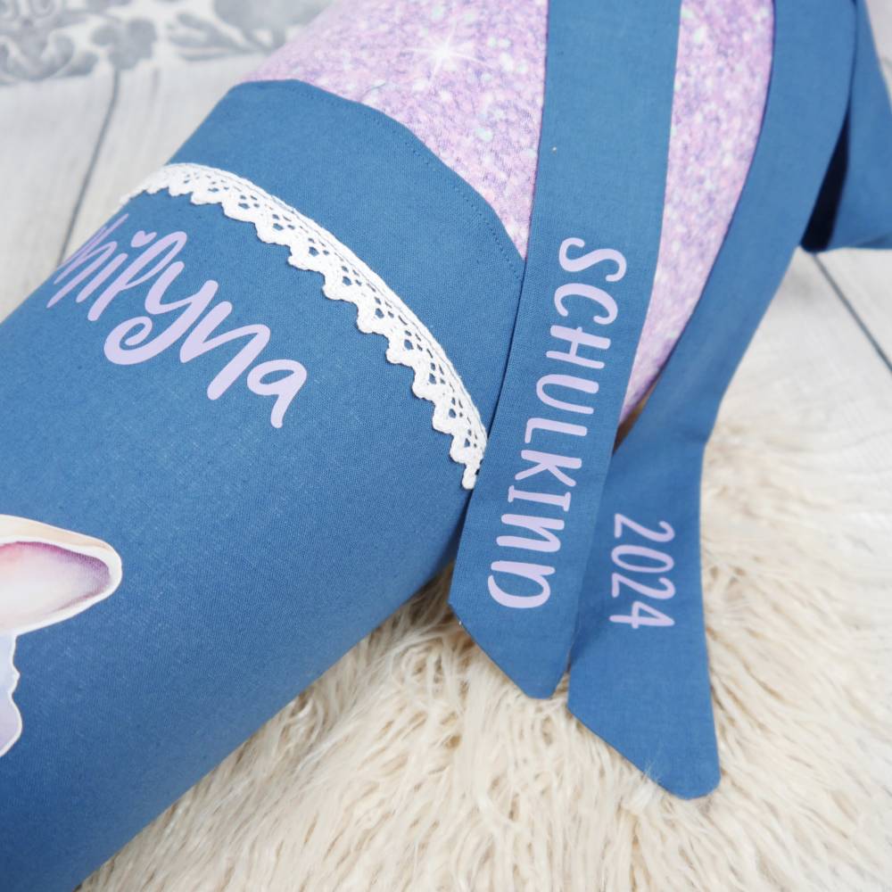 Schultüte Stoff Hase Rauchblau Flieder mit Tüll 70cm 85cm   *personalisierbar und mit Kisseninlet Bild 3