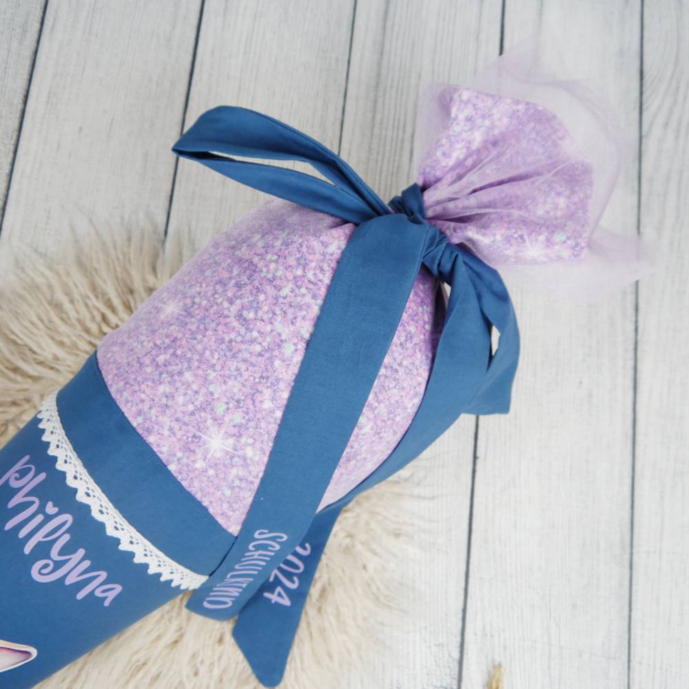 Schultüte Stoff Hase Rauchblau Flieder mit Tüll 70cm 85cm   *personalisierbar und mit Kisseninlet Bild 5