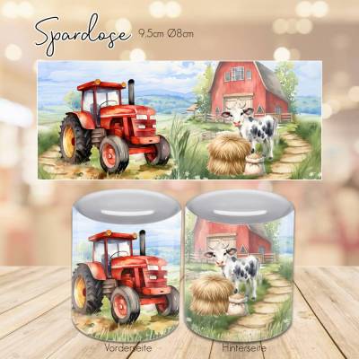 Personalisierte Spardose mit Trecker rot - Spardose mit Traktor - Wunschname - Sparbüchse - Geldbüchse - Kuh