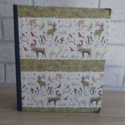 Handgefertigtes Ringbuch für DIN A5 aus Pappe, Papier und Buchleinen mit Metallecken - Tiere, Winter, Weihnachten