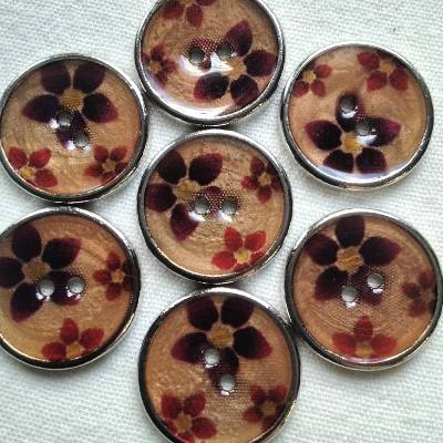 Metallknopf glasiert mit Blüten, rot Töne, glänzend, 23mm