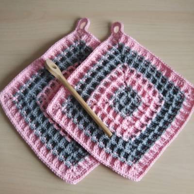 Topflappen gehäkelt Waffelmuster Rosa-Grau XL – 2er Set 100% Baumwolle 23x23 cm