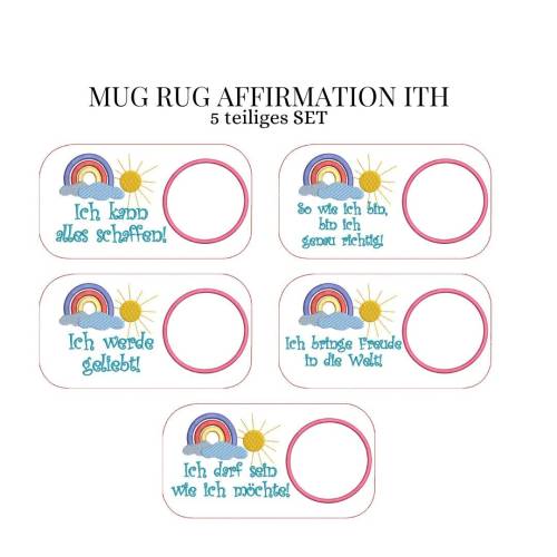 Stickdatei Mug Rug Affirmation ITH Tassenteppich – 5er Set für Stickmaschine