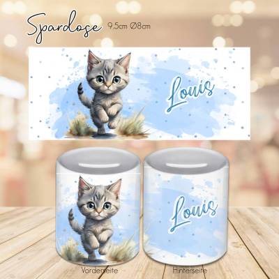 Personalisierte Spardose mit Kätzchen blau - Spardose mit Katze - Wunschname - Sparbüchse - Geldbüchse