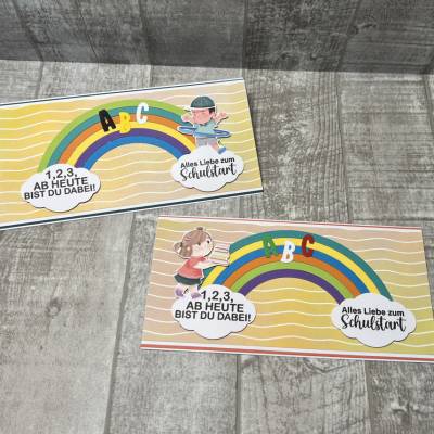 Glückwunschkarten Einschulung Schulanfang Schulstart Schulkind Schule Grußkarten ABC Regenbogen bunt
