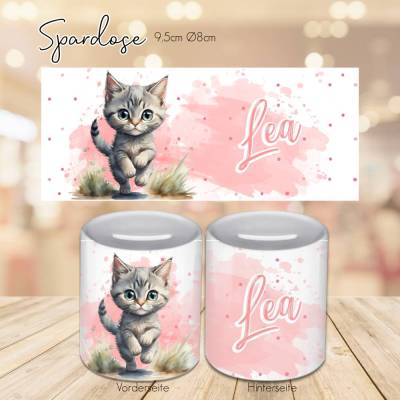 Personalisierte Spardose mit Kätzchen rosa - Spardose mit Katze - Wunschname - Sparbüchse - Geldbüchse
