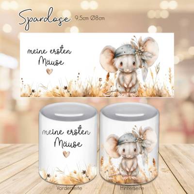 Personalisierte Spardose mit Maus und Spruch "meine ersten Mäuse" - Spardose mit Mäuschen - Wunschname - Sparbüchse
