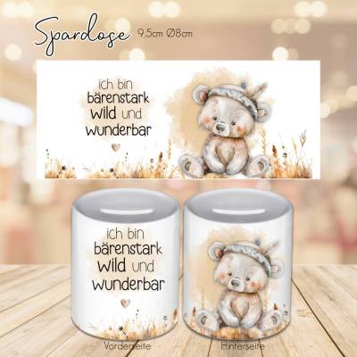 Personalisierte Spardose mit Boho Bär - Spardose mit Bärchen, wunsch Name oder Spruch, Sparbüchse Geldbüchse Sparschwein