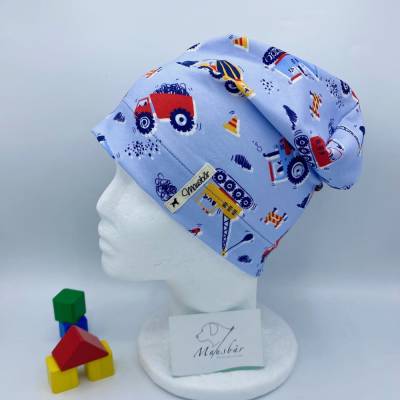 Mütze, KU 54 - 56 cm,  Beanie, einlagig, hellblau, Baufahrzeuge