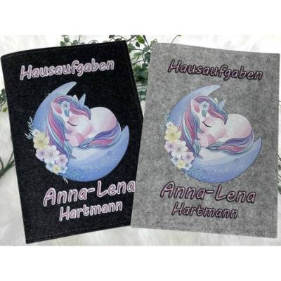 Hausaufgabenheft Hülle Filz Einhorn Mond Grundschule Schulheft Schutzhülle Umschlag Geschenkidee Einschulung