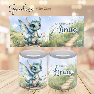 Personalisierte Spardose mit Drache blau- Spardose mit Drache nach Wahl, wunsch Name oder Spruch, Sparbüchse Geldbüchse