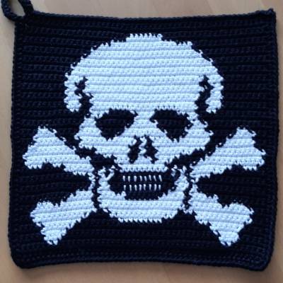 Topflappen "Totenkopf", gehäkelt, Baumwolle