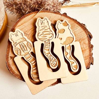 3er Set Lesezeichen Clip aus Holz, Katzen Lasergravur, Geschenk für Katzenfans