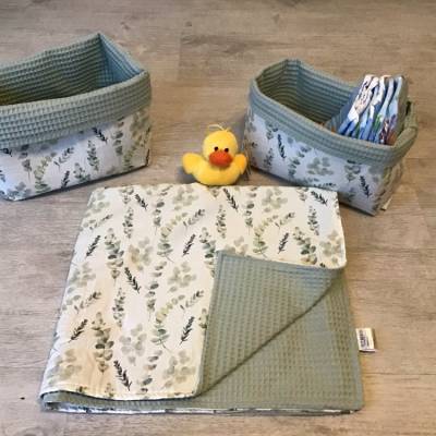 3er Set Babydecke  Kuscheldecke + 2 Utensilo mit Waffelpique  Geschenk Unikat - Eukalyptus
