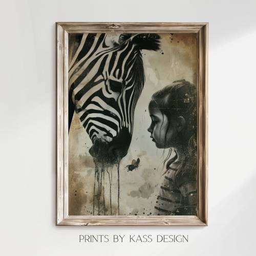 Wall Art Poster Zebra mit Mädchen, digitaler Kunstdruck