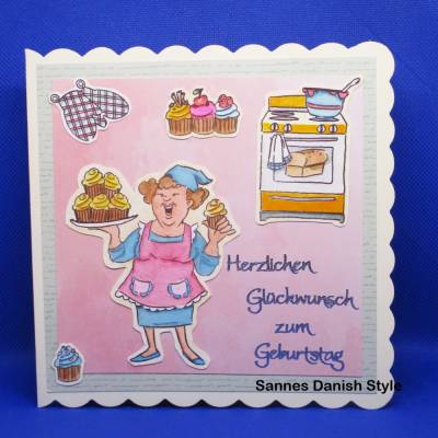 Witzige Geburtstagskarte für Hobbybäcker – Handgemalt mit Muffins, Herd & Kochlappen, 15x15 cm