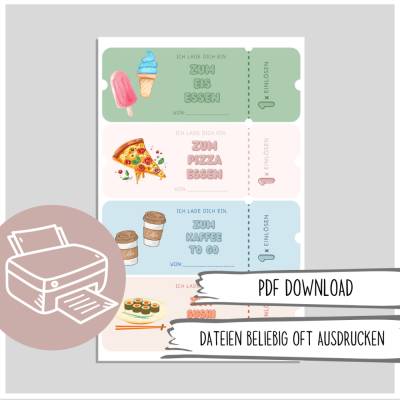Gutschein, Geschenkgutschein zum Ausdrucken - Ich lade dich ein... zum Eis essen, zum Pizza essen