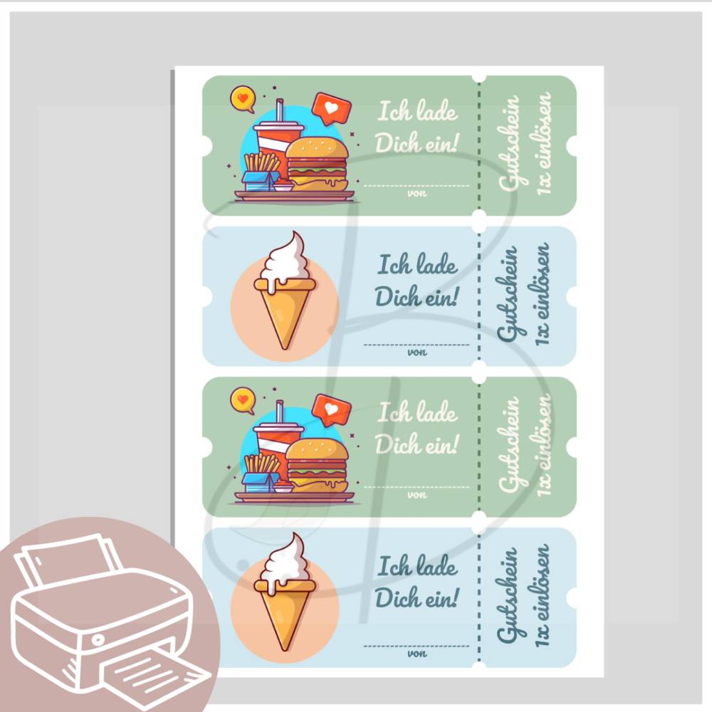 Gutschein Essen gehen, Geschenkgutschein zum Ausdrucken - Ich lade dich ein... zum Eis essen, zum Burger essen Bild 2