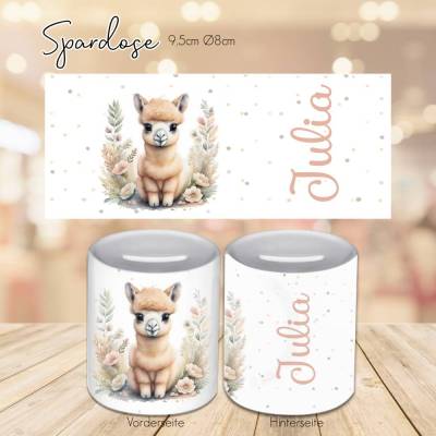 Personalisierte Spardose mit Lama - Spardose mit wunsch Name oder Spruch - Sparbüchse - Geldbüchse - Sparschwein