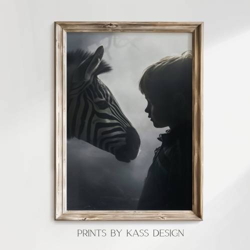 Wall Art Poster Zebra mit Jungen, digitaler Kunstdruck