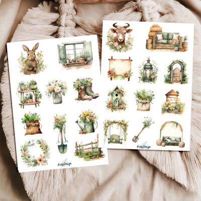 Rustikales Frühlings Sticker Set mit Hase, Kuh, Blumen, Vogelhaus, Garten Deko & Landhaus Motiven