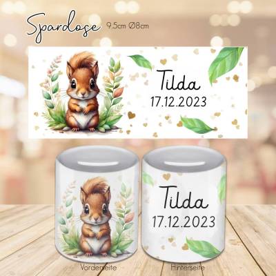 Personalisierte Spardose mit Eichhörnchen - Spardose mit wunsch Name oder Spruch - Sparbüchse - Geldbüchse - Sparen