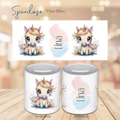 Personalisierte Spardose mit kleinem Einhorn - Spardose mit wunsch Name oder Spruch - Sparbüchse - Geldbüchs