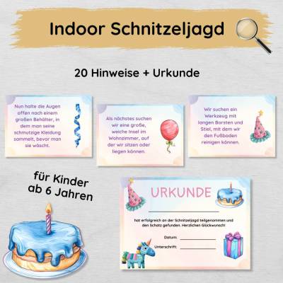 Indoor Schnitzeljagd zum Kindergeburtstag mit 20 einfachen Hinweisen & Urkunde für Kinder ab 6 Jahren