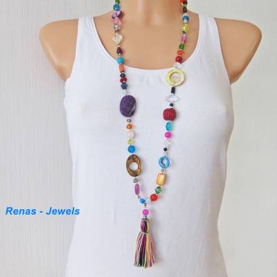 Bettelkette lang bunt silberfarben Quaste Anhänger Boho Ibiza Hippie Kette Perlenkette Perlen bunt handgefertigt