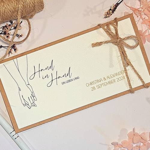 Personalisierte Hochzeitskarte "Hand in Hand" – Handgemachte Glückwunschkarte für Geldgeschenke