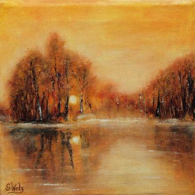Original Ölgemälde, Herbstlicht, Landschaft, Unikat, handgemalt, 20 x 20 cm