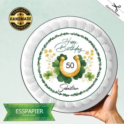 Tortenaufleger Happy Birthday mit Hufeisen Zahl und Namen. Runder Geburtstag Esspapier Tortendeko Aufleger grün Kleeblat