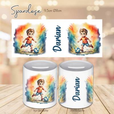 Personalisierte Spardose mit Fußballer - Spardose mit wunsch Name - Fußball Junge - Sparbüchse - Geldbüchse