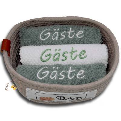 Besticktes Gästehandtuch-Set Eukalyptus im Seilkorb – personalisierbar & dekorativ 3er Set