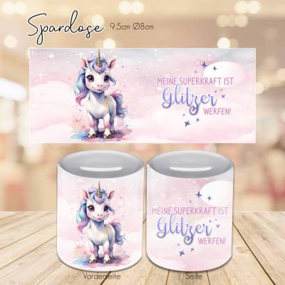 Personalisierte Spardose mit Einhorn und Spruch "meine Superkraft ist Glitzer werfen" - Spardose mit wunsch Name