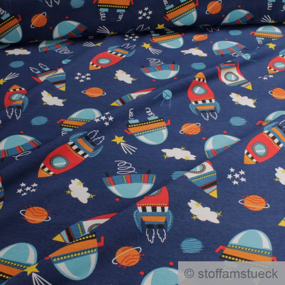 Stoff Kinderstoff Baumwolle Elastan Single Jersey dunkelblau Ufo Rakete dehnbar Bild 1