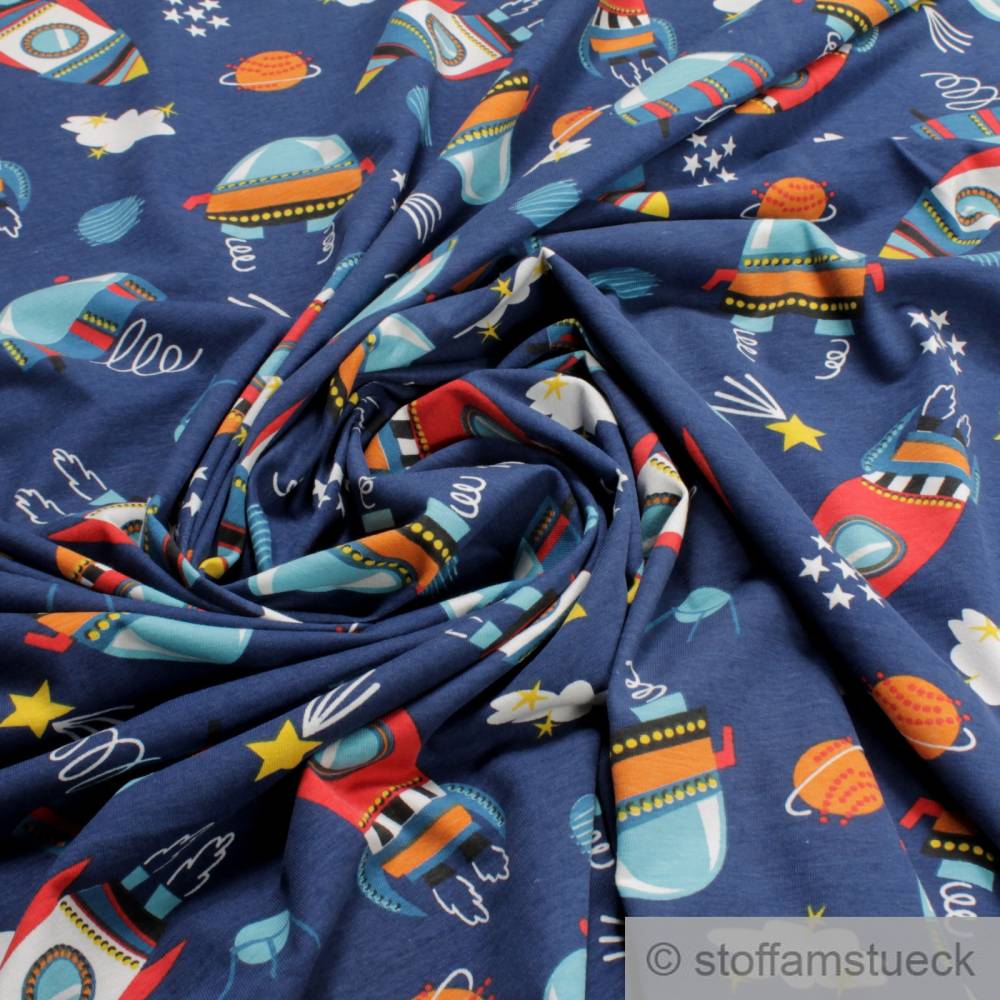 Stoff Kinderstoff Baumwolle Elastan Single Jersey dunkelblau Ufo Rakete dehnbar Bild 2