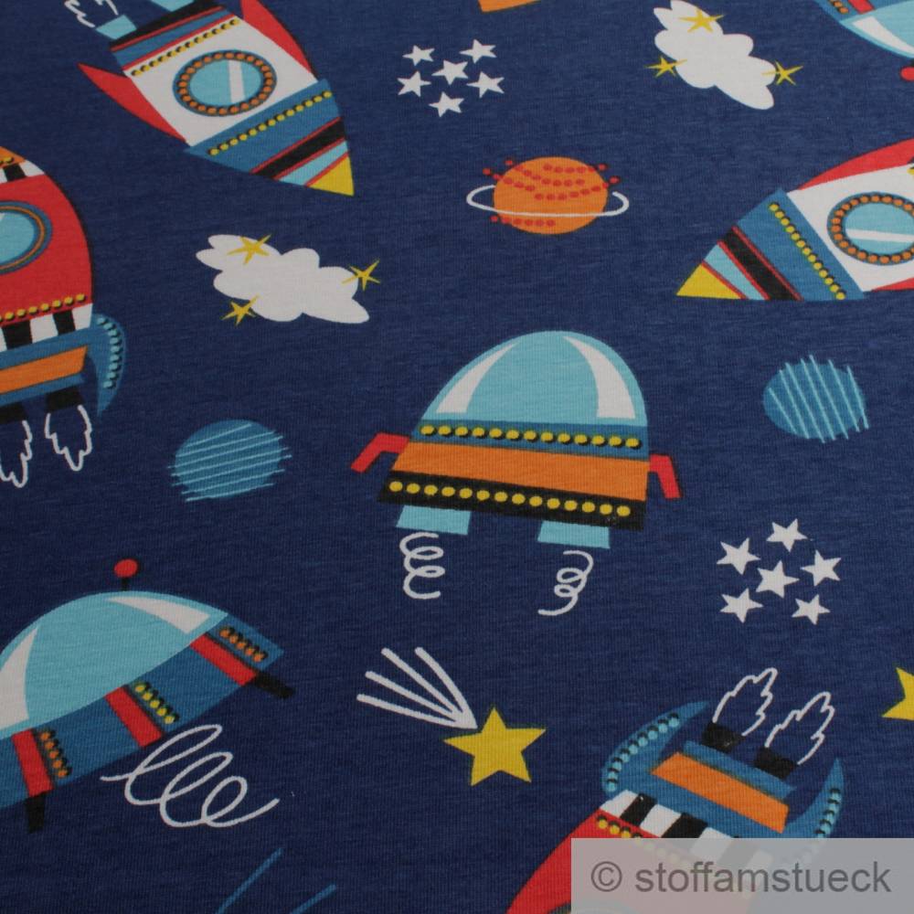 Stoff Kinderstoff Baumwolle Elastan Single Jersey dunkelblau Ufo Rakete dehnbar Bild 3