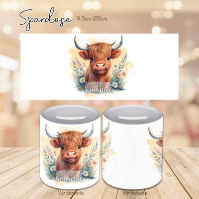 Personalisierte Spardose mit Highland Rind und Spruch "Hello Sunshine" - Spardose mit Galloway Rind - Wunschname