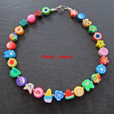 Kinderkette bunt Herzen Smileys Tiere Sterne Blumen Kinder Kette Polymer Clay Mädchenkette