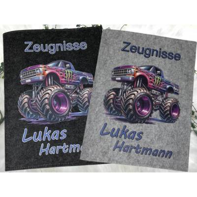 Zeugnismappe mit Namen - Mädchen und Jungen - Personalisiert Filz A4 Monstertruck - Dokumenten Urkunde