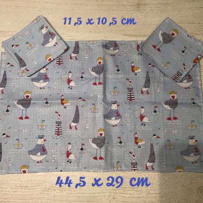 1 TischSet  + 2 Glasuntersetzer PlatzSet Geschenk   Deko  Unikat - Enten hellblau 