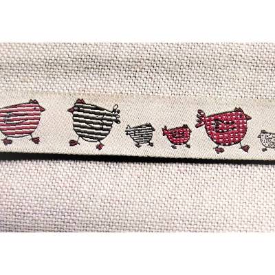 1,40m Webband mit Hühnern, 20mm breit, Endstück, beige, rot, schwarz
