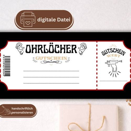 Ohrlöcher stechen Gutschein PDF | Ohrpiercing Geschenkgutschein digital | Geschenkgutschein Vorlage | personalisierbarer