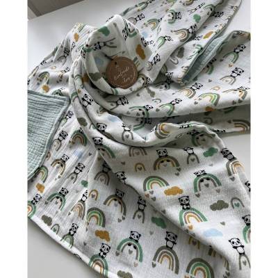 Baby Kuscheldecke Musselin Schmusetuch Regenbogen Pandas handmade Geschenk Geburt neu 